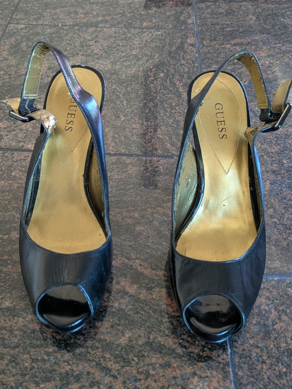 Vintage GUESS Black Peep-Toe Slingback Heels with Gold Insole